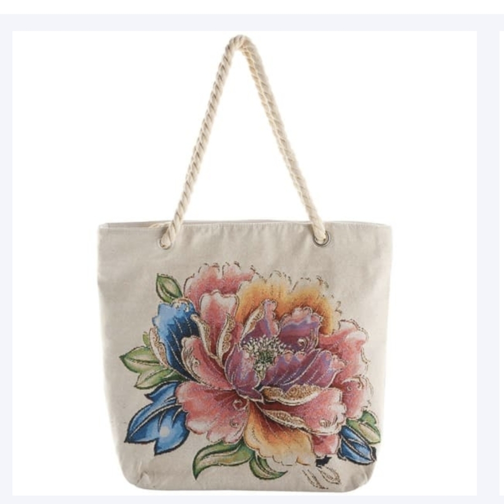Embroidered Rose 🌹 Design Zip Top Tote W/ Rope Handles NWT